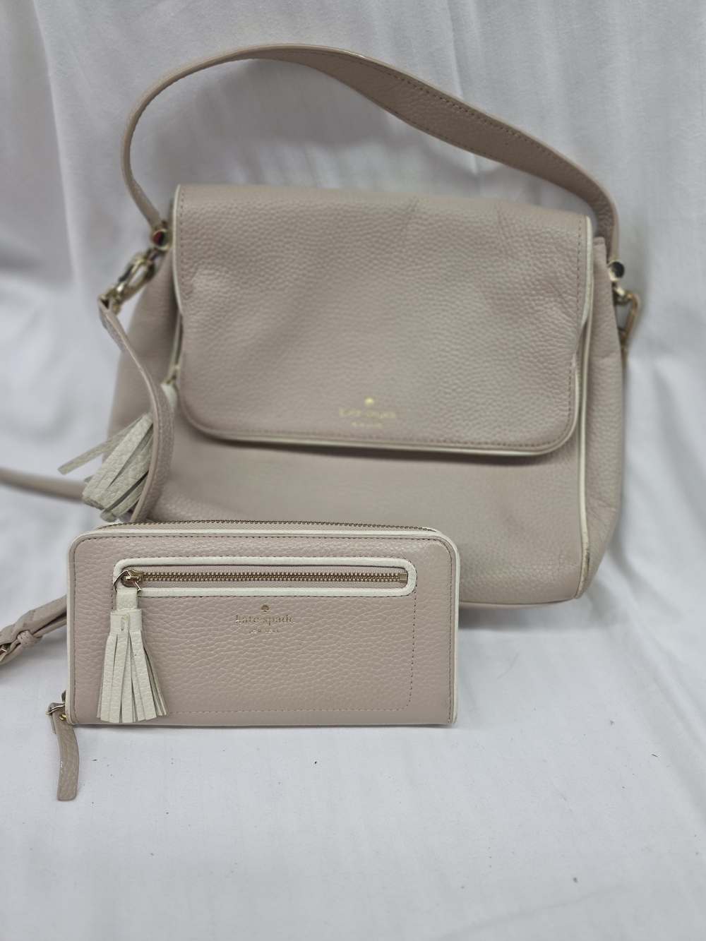 Kate Spade Pebbled Leather Flap Shoulder Bag & Wallet in Light Beige